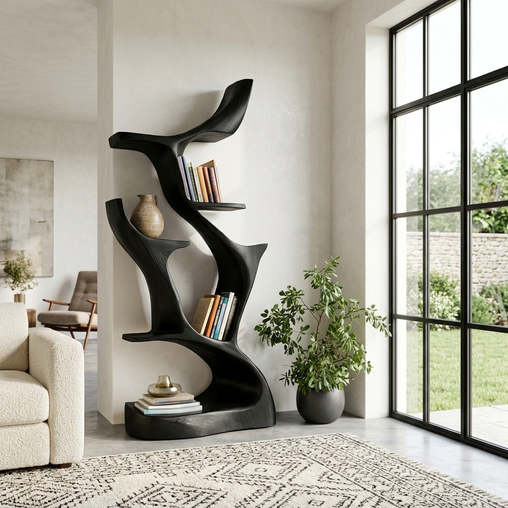 Abstract Sculptural Wooden Bookshelf For Living Room Kitchnce