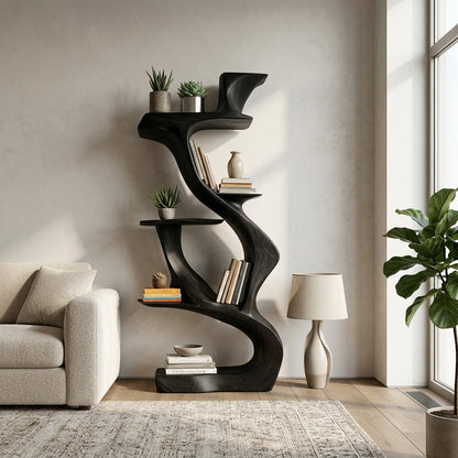 Sculptural Natural Wood Bookshelf For Living Room Kitchnce