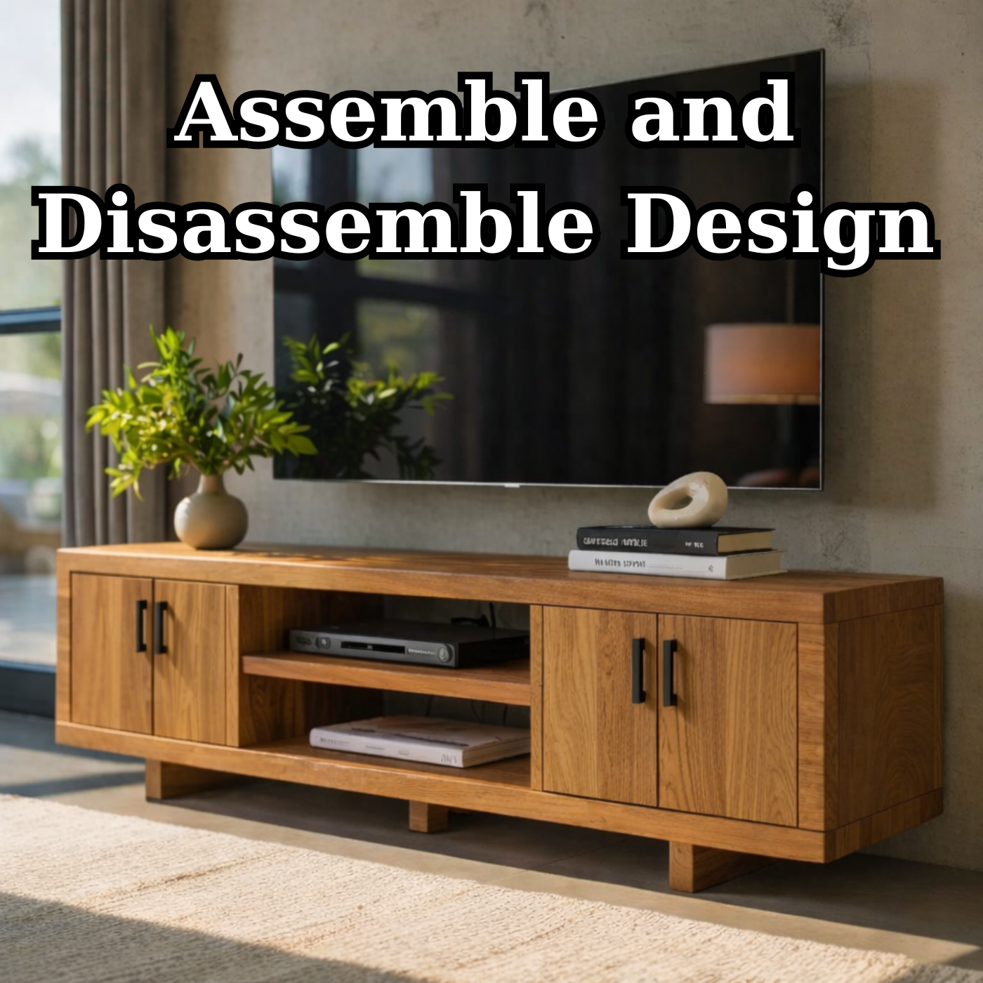 Modern Solid Wood TV Stand with Storage Cabinets and Open Media Shelf Kitchnce
