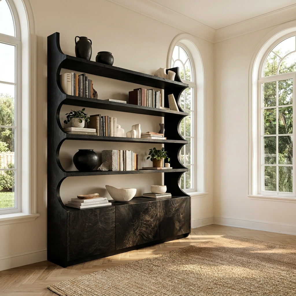 Organic Wooden Bookshelf With Curved Edges For Living Storage Kitchnce