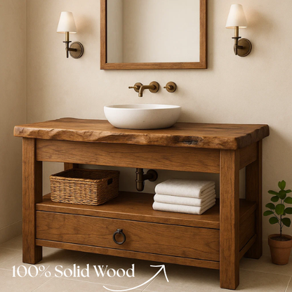 Handcrafted Live Edge Bathroom Vanity – Solid Wood Design with Drawer & Open Shelf – Rustic Farmhouse Vanity for Natural Modern Interiors Kitchnce