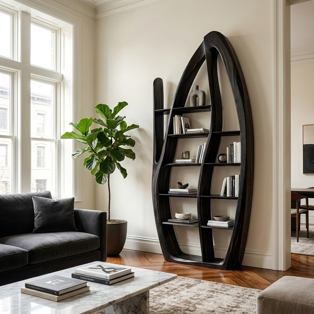 Organic Style Sculptural Wooden Bookshelf For Living Room Kitchnce