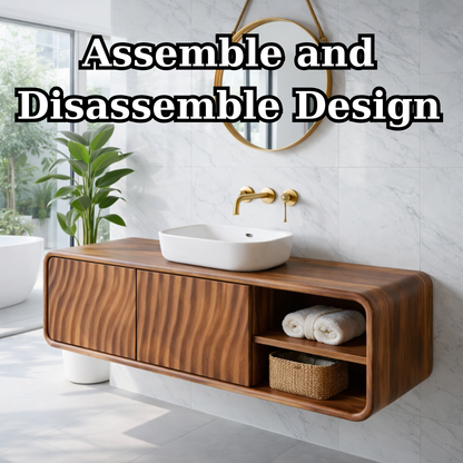 Modern Floating Solid Wood Bathroom Vanity with Wave Grain Cabinet Doors Kitchnce