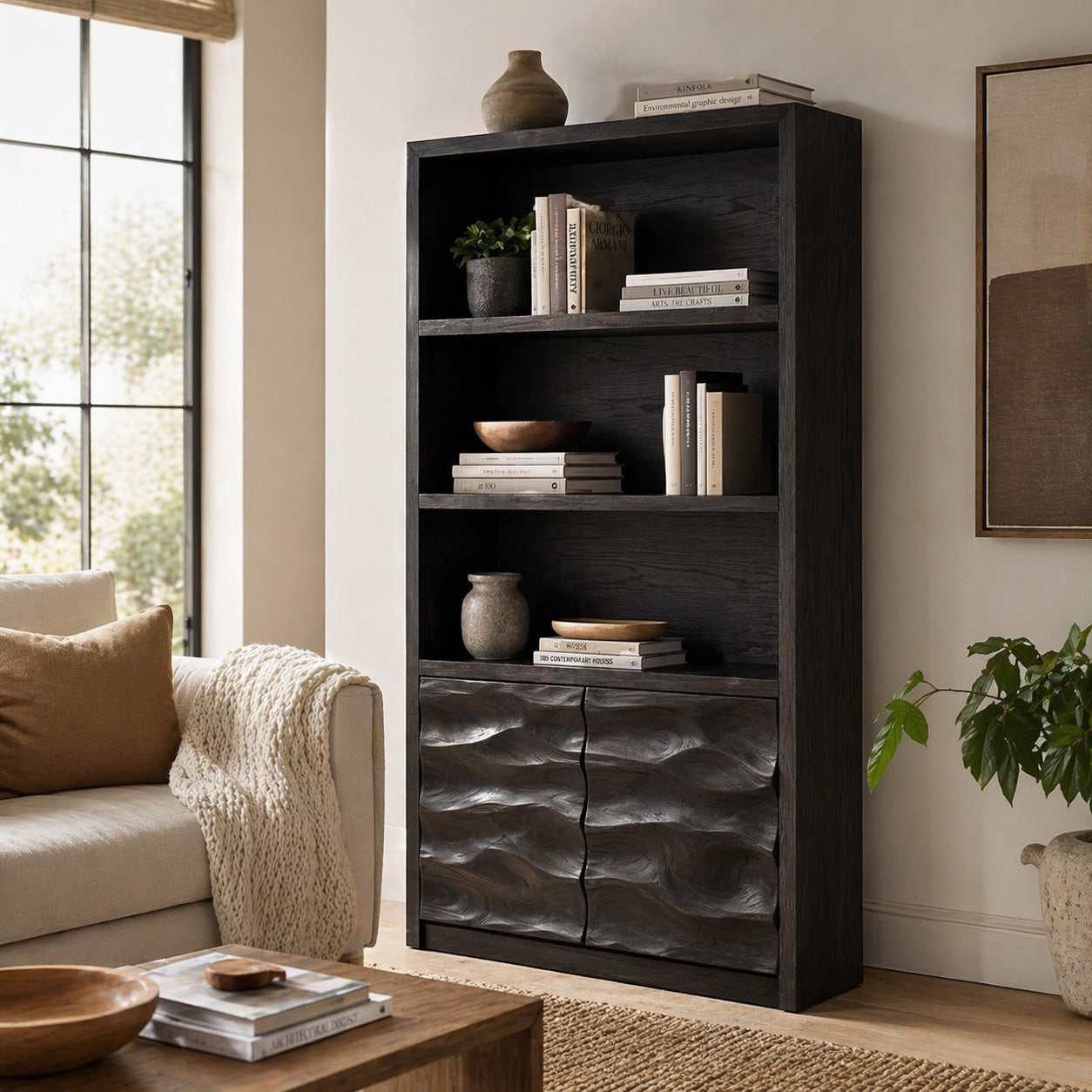 Minimal Wooden Bookshelf With Wavy Drawer Front For Home Kitchnce