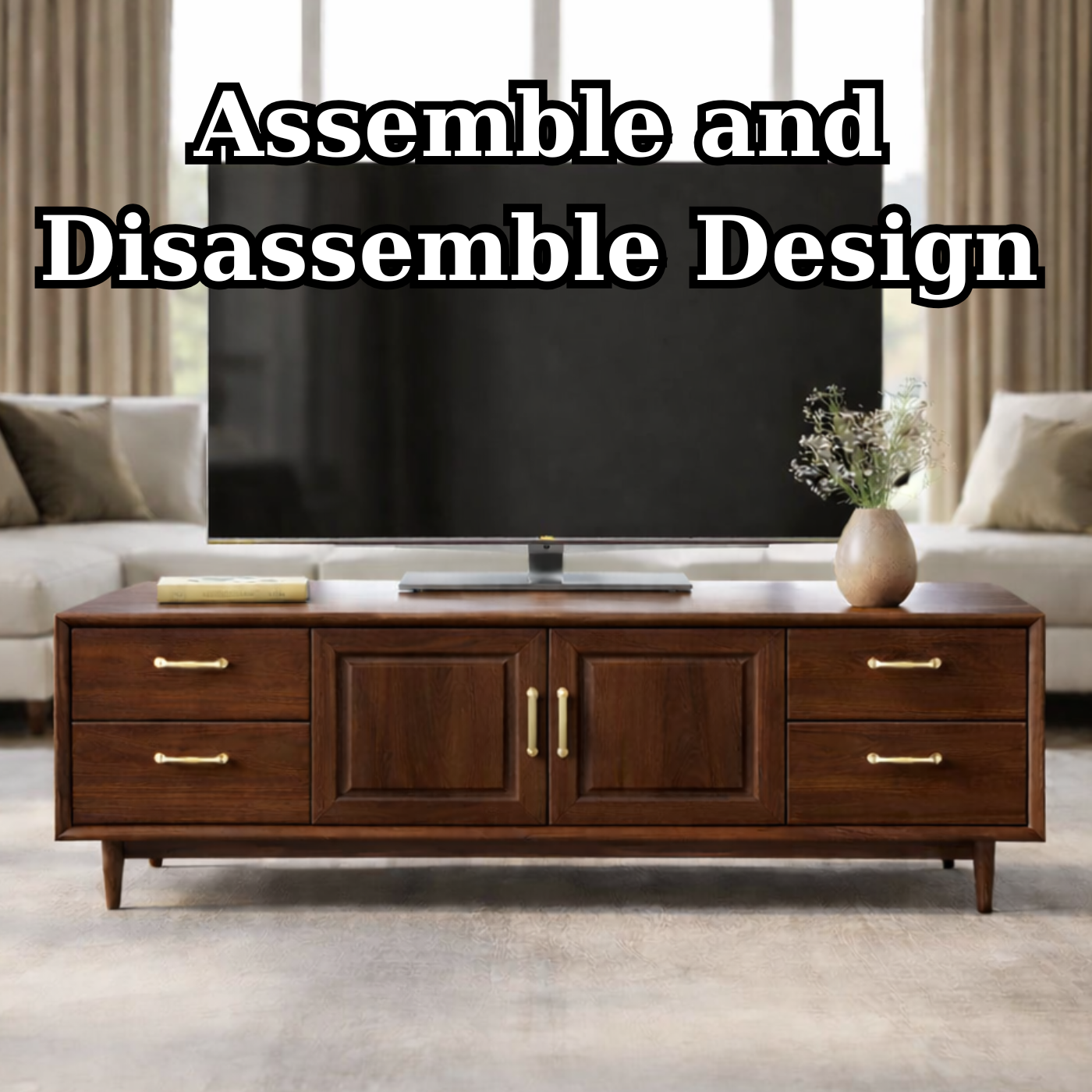 Mid-Century Solid Wood TV Stand with Drawers and Cabinet Storage Kitchnce