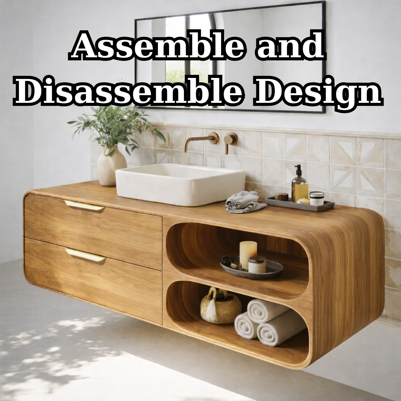 Floating Solid Wood Bathroom Vanity with Drawers and Open Curved Shelves for Modern Bathrooms Kitchnce