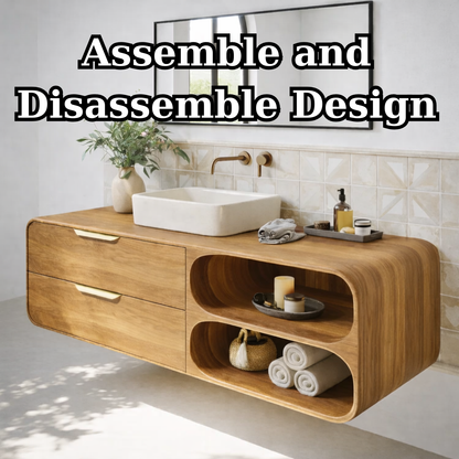 Floating Solid Wood Bathroom Vanity with Drawers and Open Curved Shelves for Modern Bathrooms Kitchnce