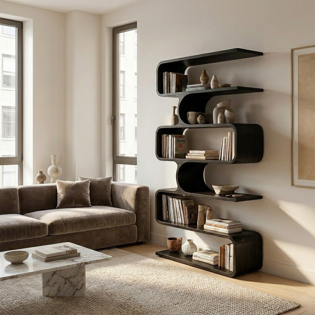 Handcrafted Wooden Bookshelf With Sculpture Edges For Living Room Kitchnce