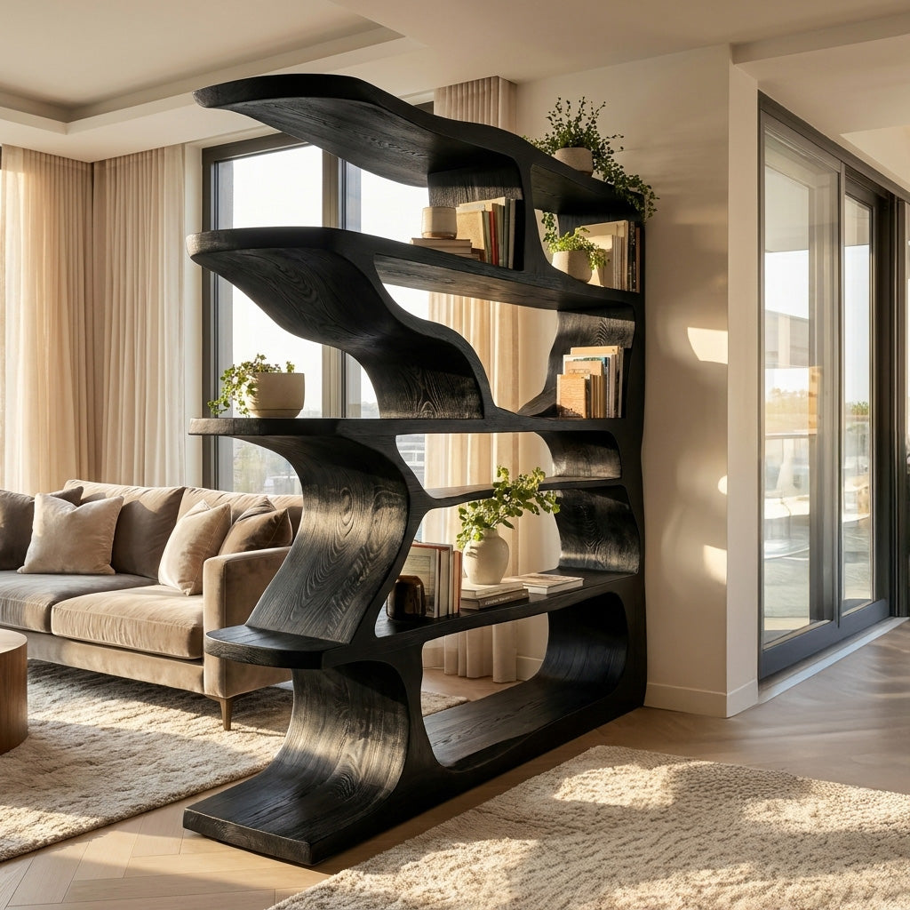 Contemporary Artistic Wooden Bookshelf For Living Room Storage Kitchnce