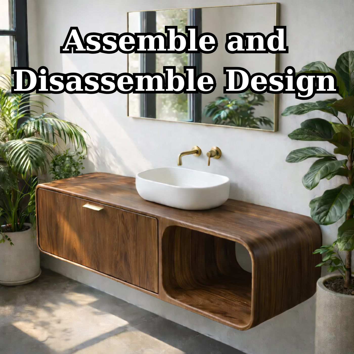 Contemporary Solid Wood Floating Bathroom Vanity with Open Side Shelf Kitchnce