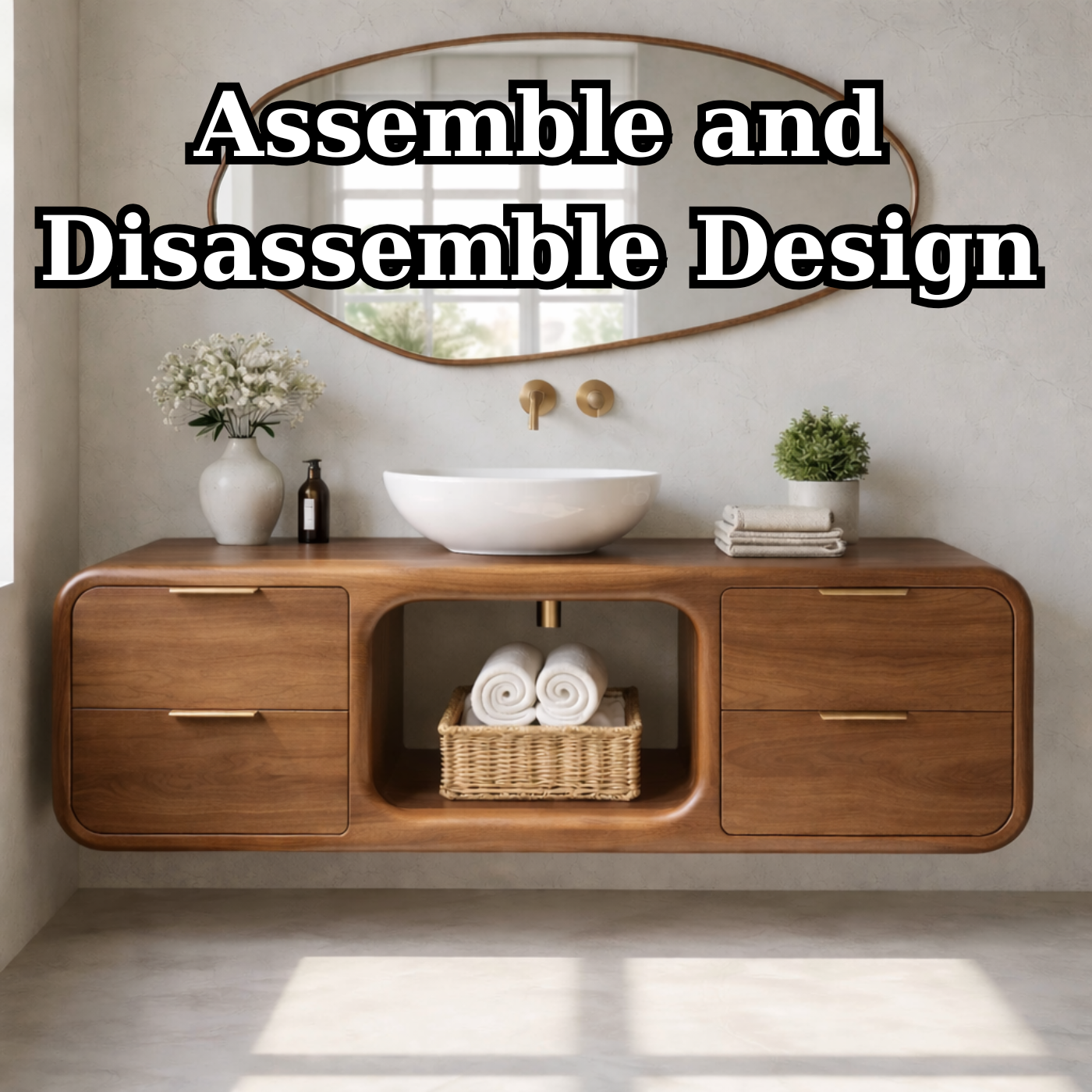 Modern Floating Solid Wood Bathroom Vanity with Open Center Shelf and Drawer Storage Kitchnce