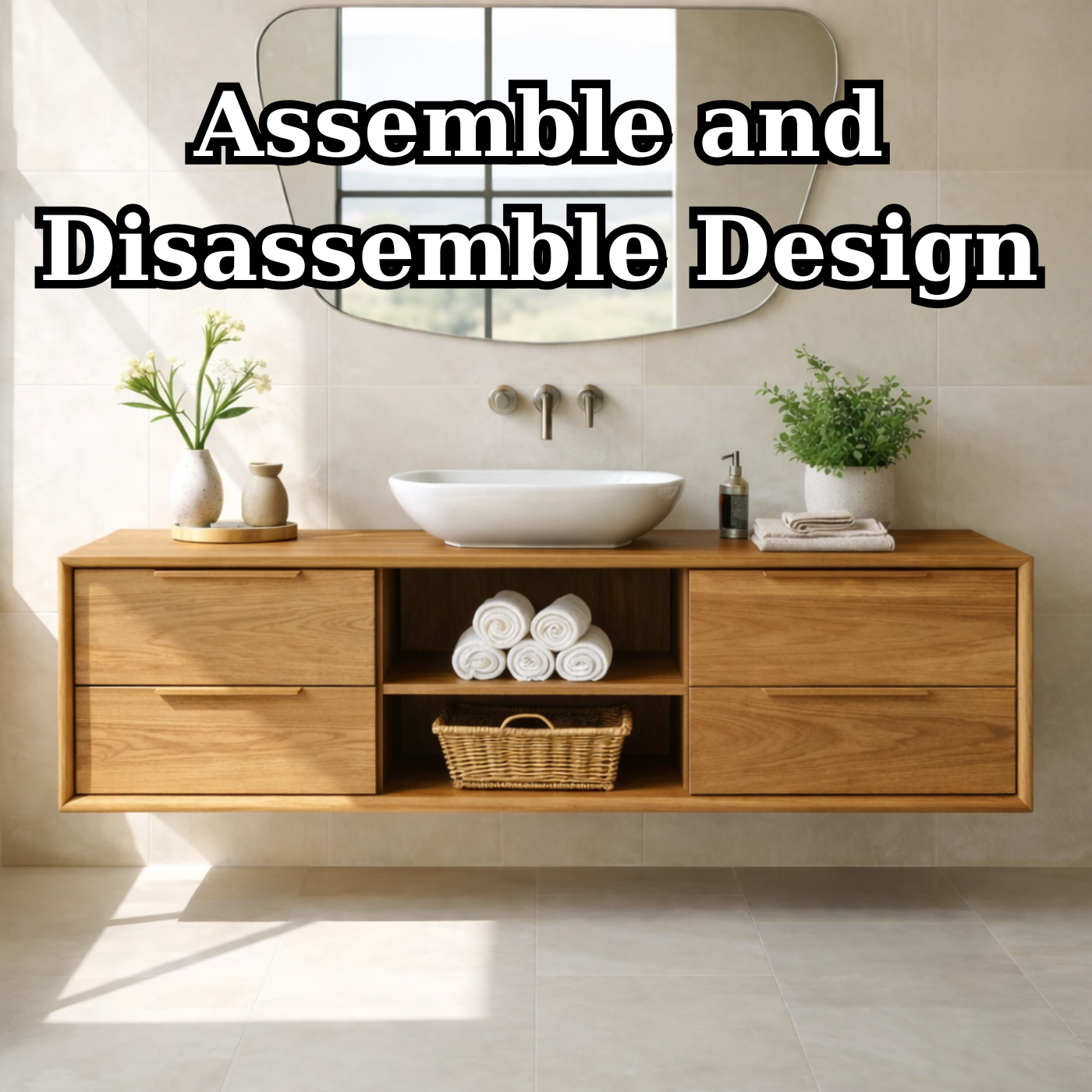 Modern Floating Oak Bathroom Vanity with Open Shelf and Double Drawer Storage Kitchnce