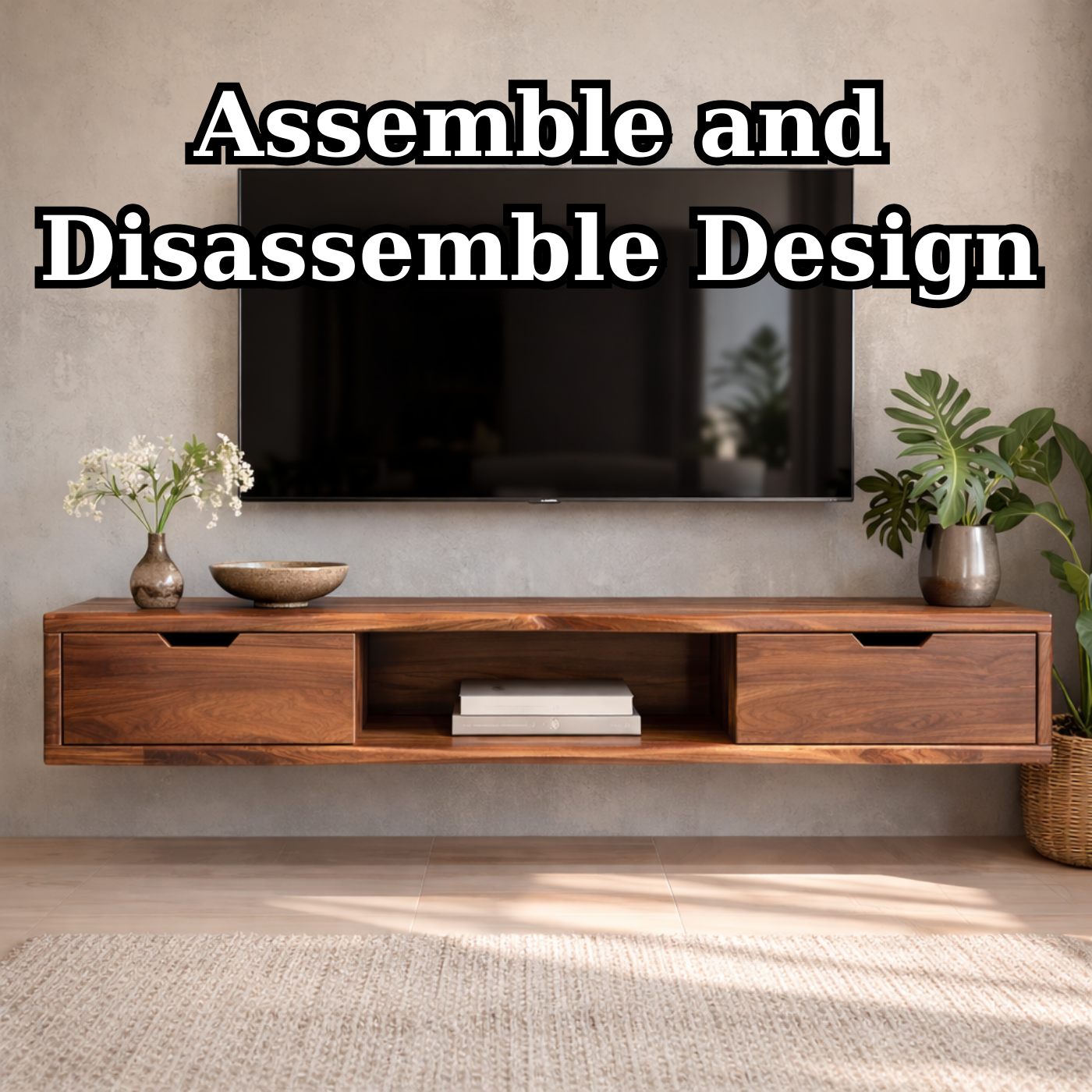 Floating Walnut Wood TV Stand with Drawers and Open Media Shelf Kitchnce