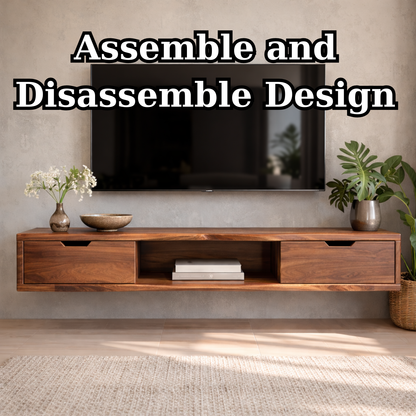 Floating Walnut Wood TV Stand with Drawers and Open Media Shelf Kitchnce