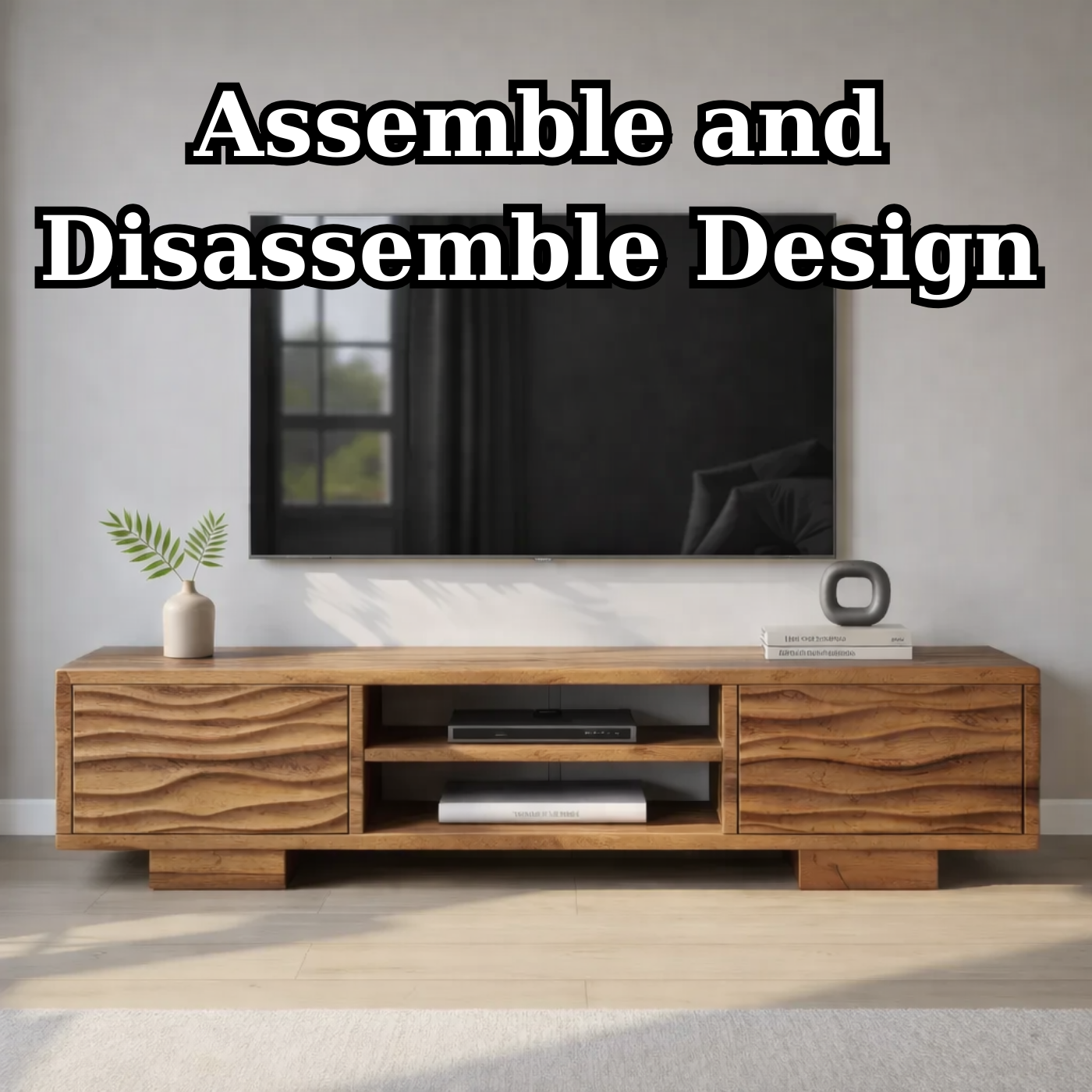 Modern Solid Wood TV Stand with Wave Front Drawers and Open Media Shelf Kitchnce