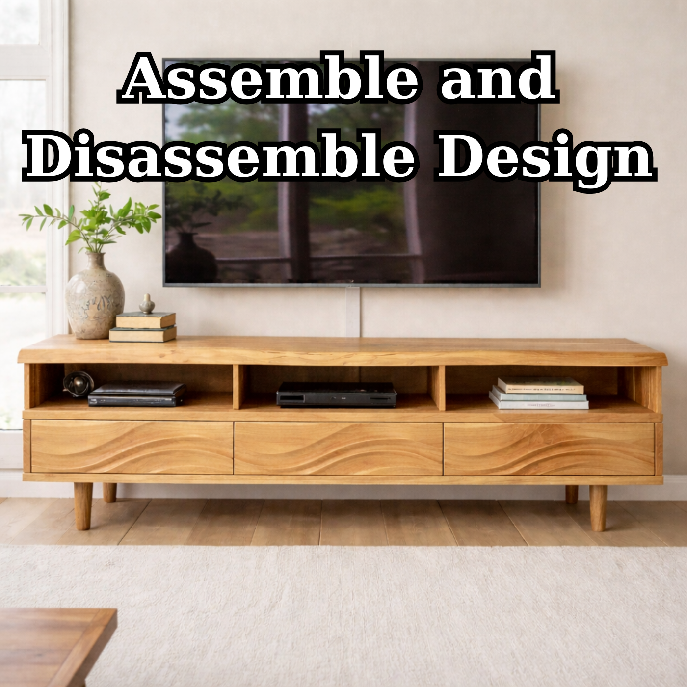 Modern Solid Wood TV Stand with Wave Drawer Fronts and Open Media Shelves Kitchnce