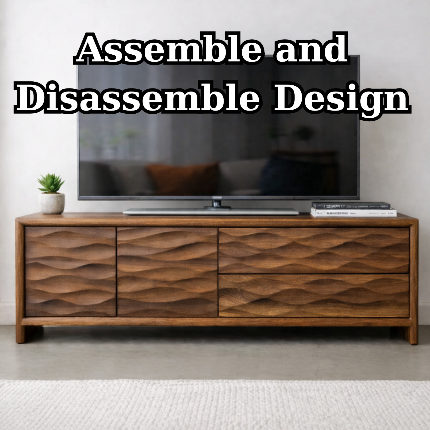 Modern Soild Wood TV Stand with Textured Wave Cabinet Doors and Storage Drawers Kitchnce