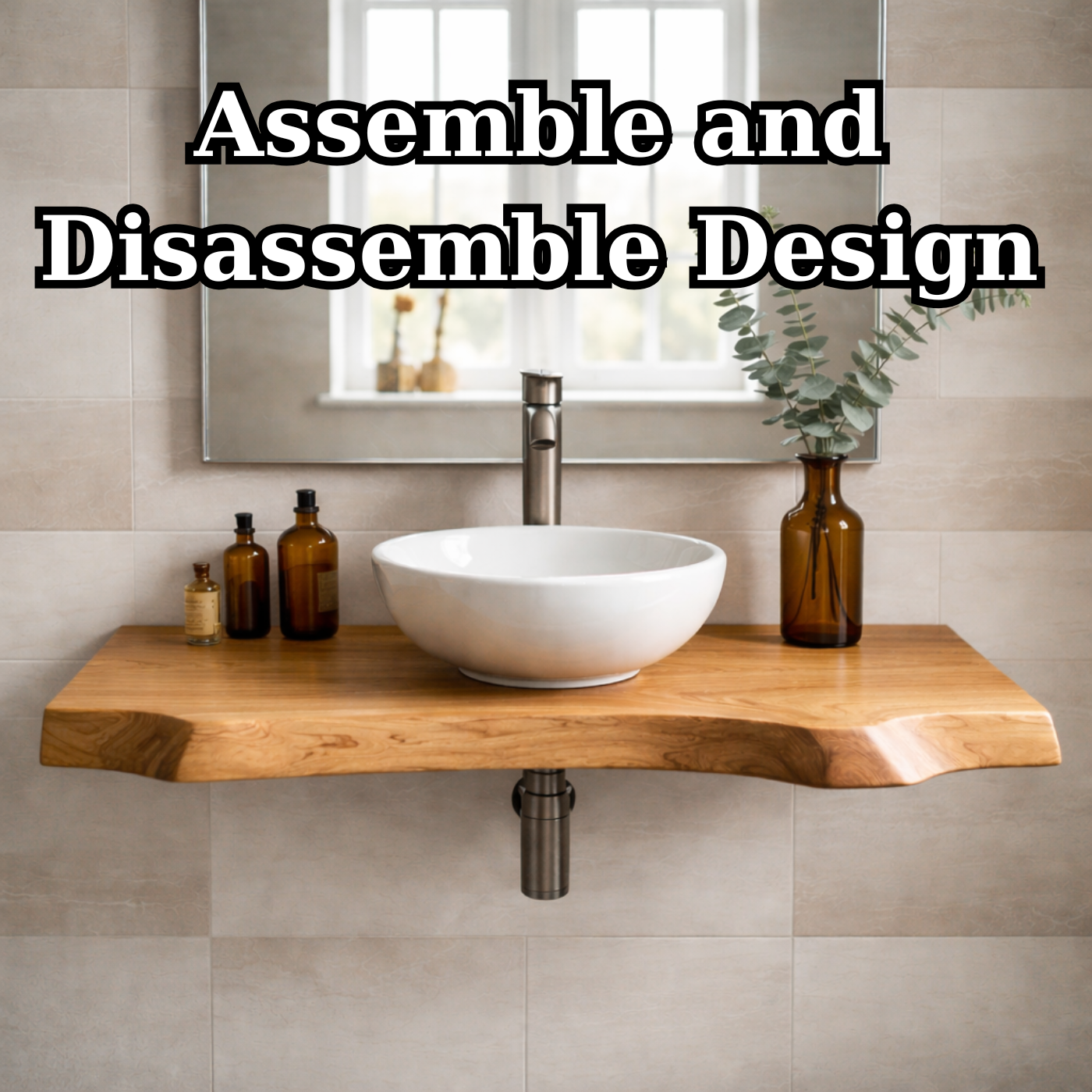 Floating Live Edge Solid Wood Bathroom Vanity – Wall Mounted Natural Wood Slab Vanity Kitchnce