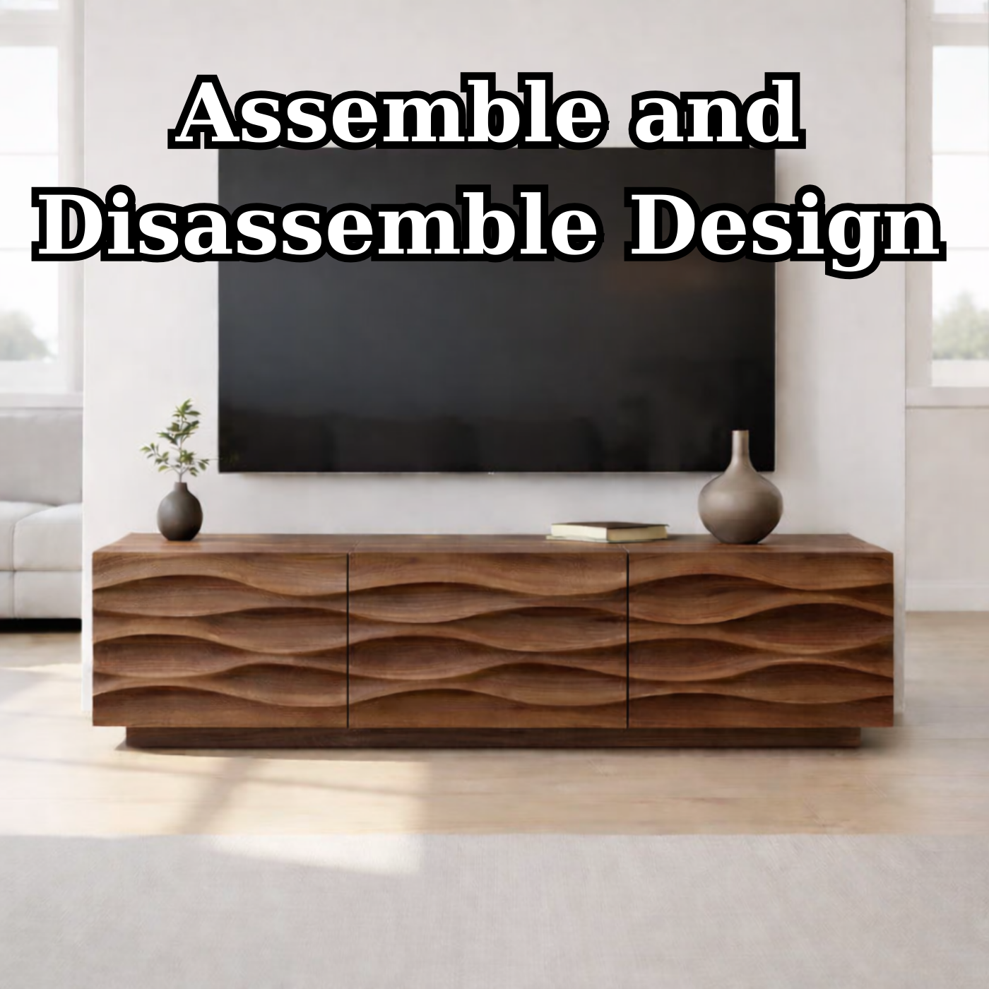 Modern Solid Wood TV Stand with Wave Front Design, Walnut Finish Media Console Cabinet Kitchnce