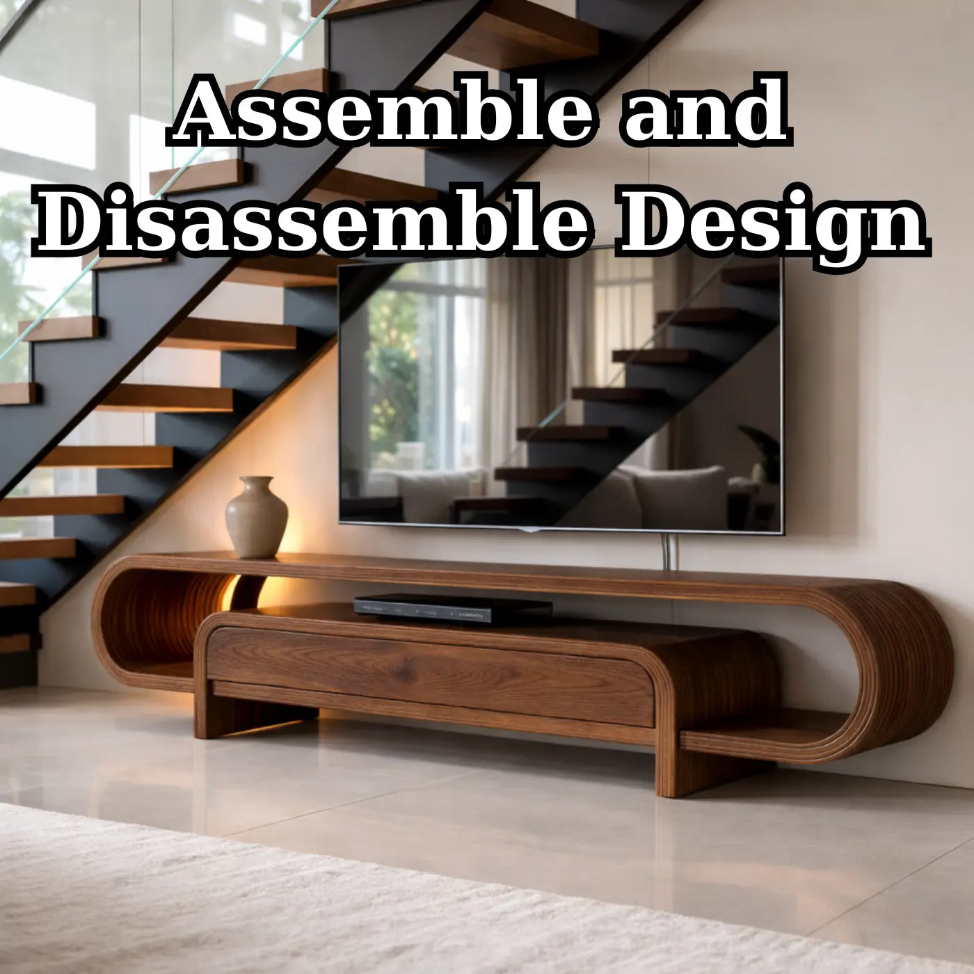 Curved Solid Wood TV Stand with Drawer and Shelf, Modern Walnut Media Console Table Kitchnce