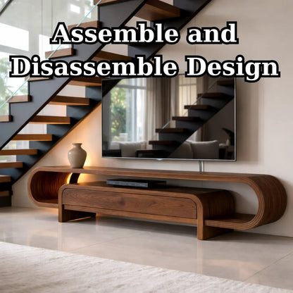 Curved Solid Wood TV Stand with Drawer and Shelf, Modern Walnut Media Console Table Kitchnce