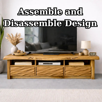 Natural Solid Oak TV Stand with Wavy Drawer Fronts, Rustic Media Console for Living Room Kitchnce