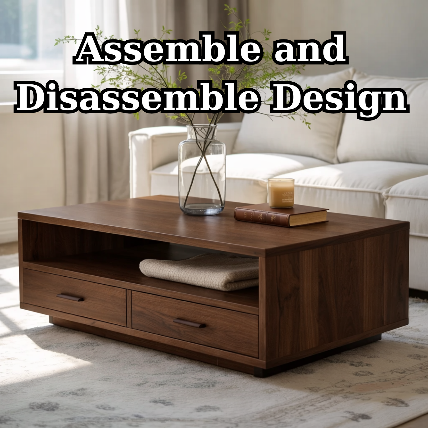 Solid Wood Coffee Table with Storage Drawers, Modern Design for Living Room