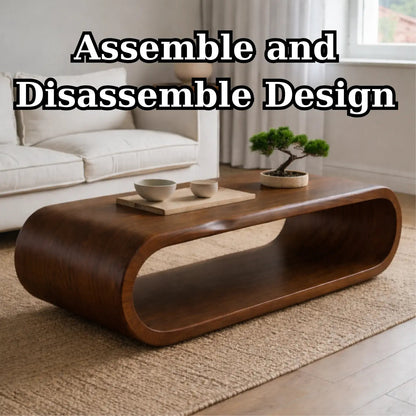 Sculptural Walnut Coffee Table with Curved Design and Open Shelf, Modern Living Room Decor Kitchnce