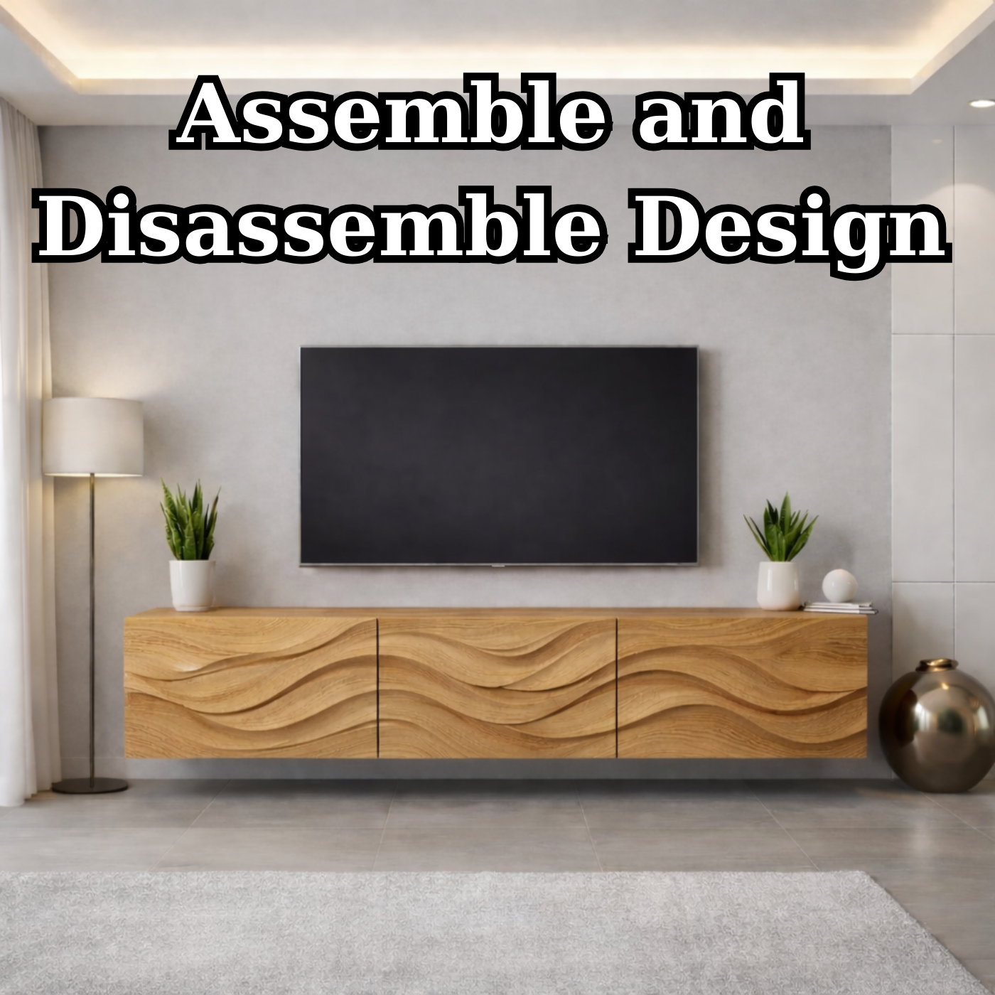 Wave Carved Solid Oak TV Stand with Modern Design, Stylish Media Console for Living Room Kitchnce