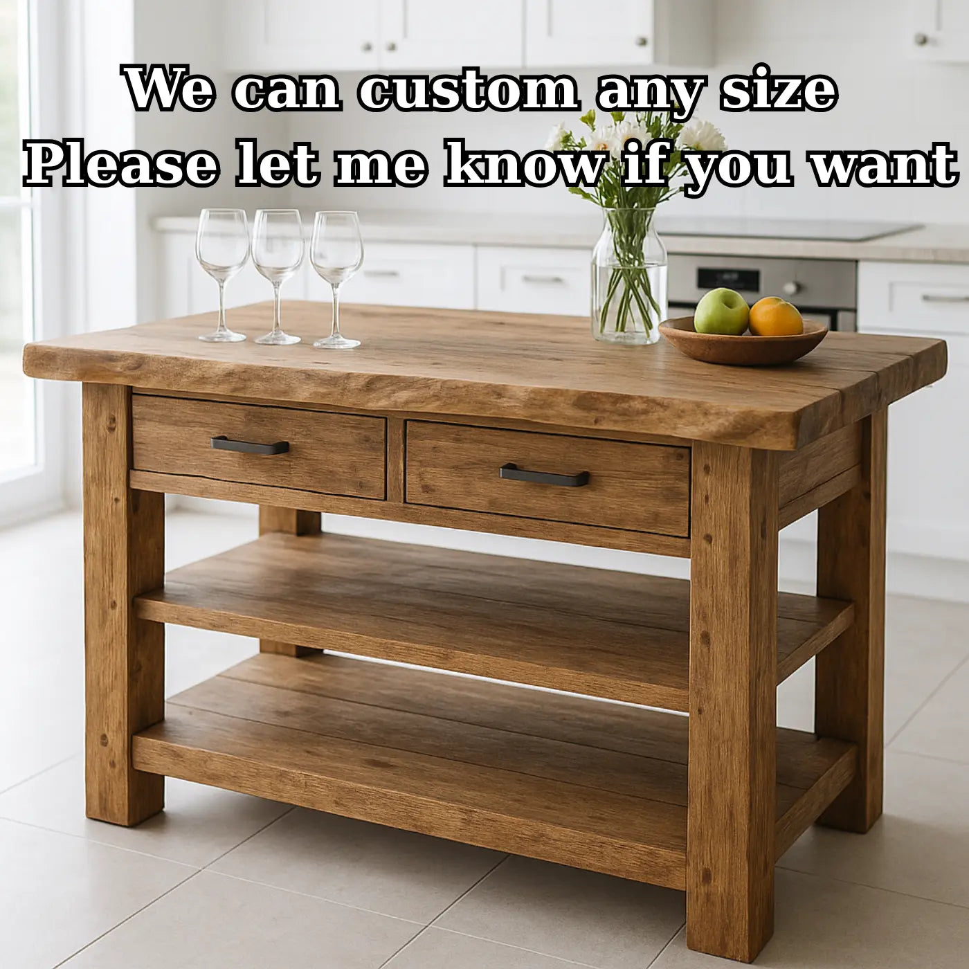 Handcrafted Solid Wood Kitchen Island - Live-Edge Top, 2 Drawers & Shelves Kitchnce