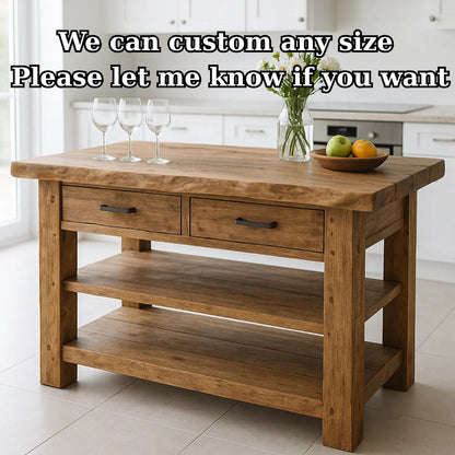 Handcrafted Solid Wood Kitchen Island - Live-Edge Top, 2 Drawers & Shelves Kitchnce