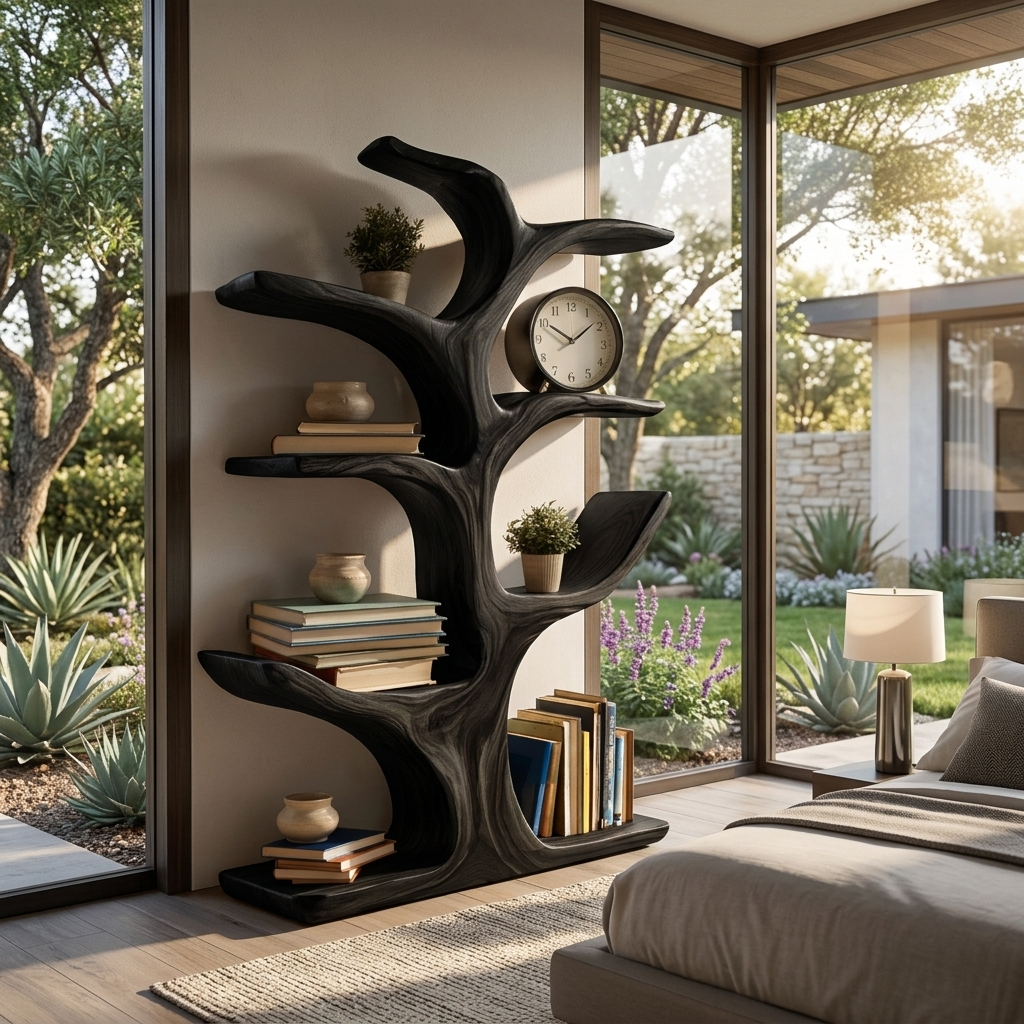 Modern Wood Bookshelf Sculptural Curved Design For Living Room Kitchnce