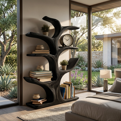 Modern Wood Bookshelf Sculptural Curved Design For Living Room Kitchnce