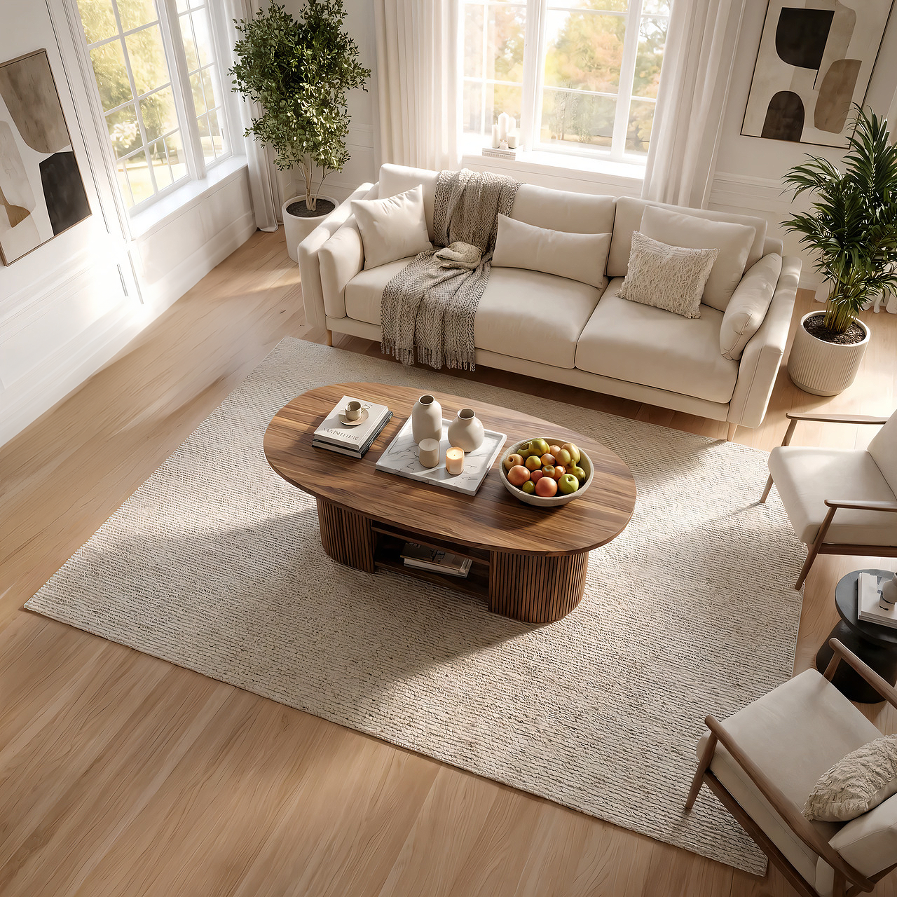 Oval Coffee Table with Fluted Base and Dual Shelf Storage