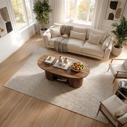 Oval Coffee Table with Fluted Base and Dual Shelf Storage
