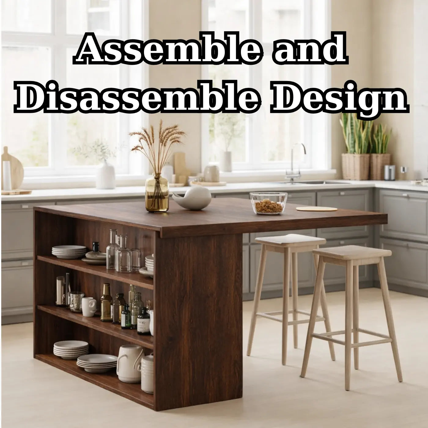 Modern Solid Wood Kitchen Island with Open Storage Shelves, Walnut Kitchen Bar Table Kitchnce