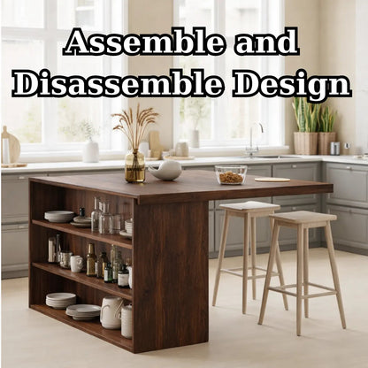 Modern Solid Wood Kitchen Island with Open Storage Shelves, Walnut Kitchen Bar Table Kitchnce