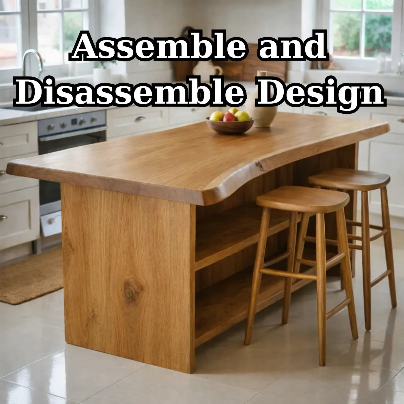 Live Edge Solid Wood Kitchen Island with Open Shelf Storage and Seating Bar Table Kitchnce