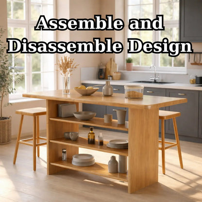 Solid Wood Kitchen Island with Open Storage Shelves and Kitchen Bar Table Kitchnce