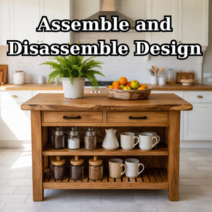 Solid Wood Kitchen Island with Drawers and Open Shelf Storage Wooden Prep Table Kitchnce