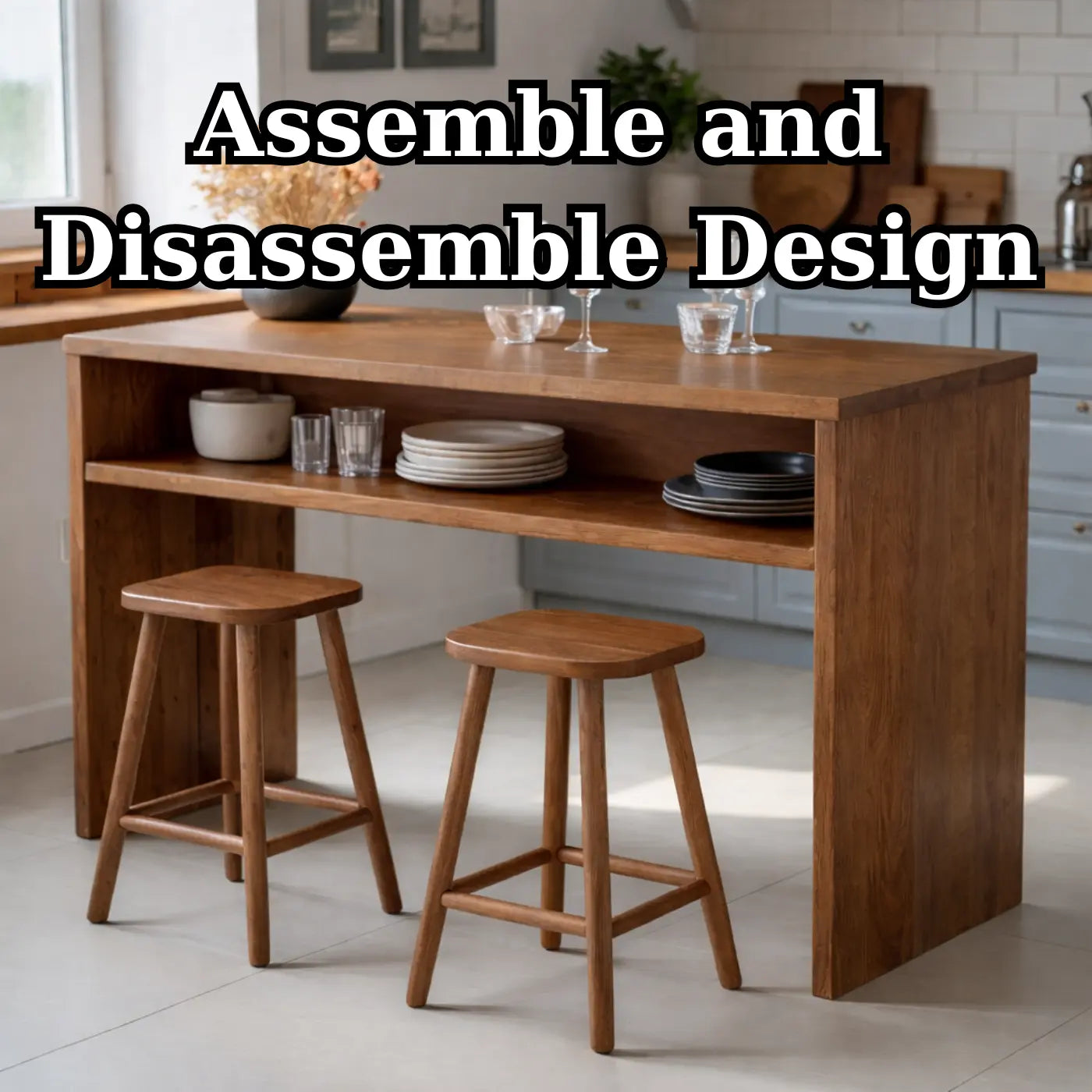 Modern Solid Wood Kitchen Island with Open Shelf Storage and Breakfast Bar Table Kitchnce