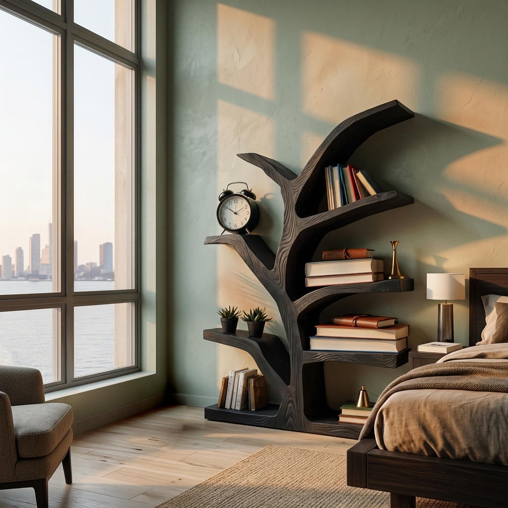 Wooden Bookshelf With Organic Form For Living Area Kitchnce