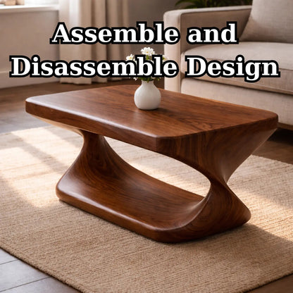 Modern Solid Wood Coffee Table with Sculptural Curved Base and Rectangular Wood Top Kitchnce