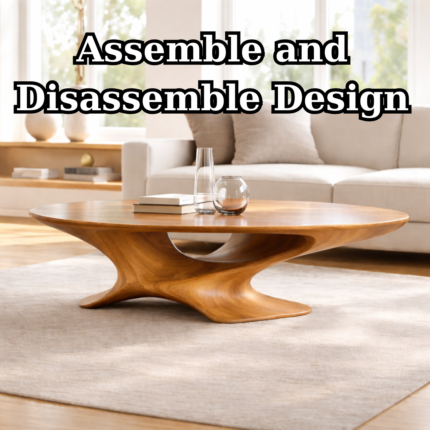 Modern Solid Wood Coffee Table with Sculptural Base and Round Wooden Living Room Table