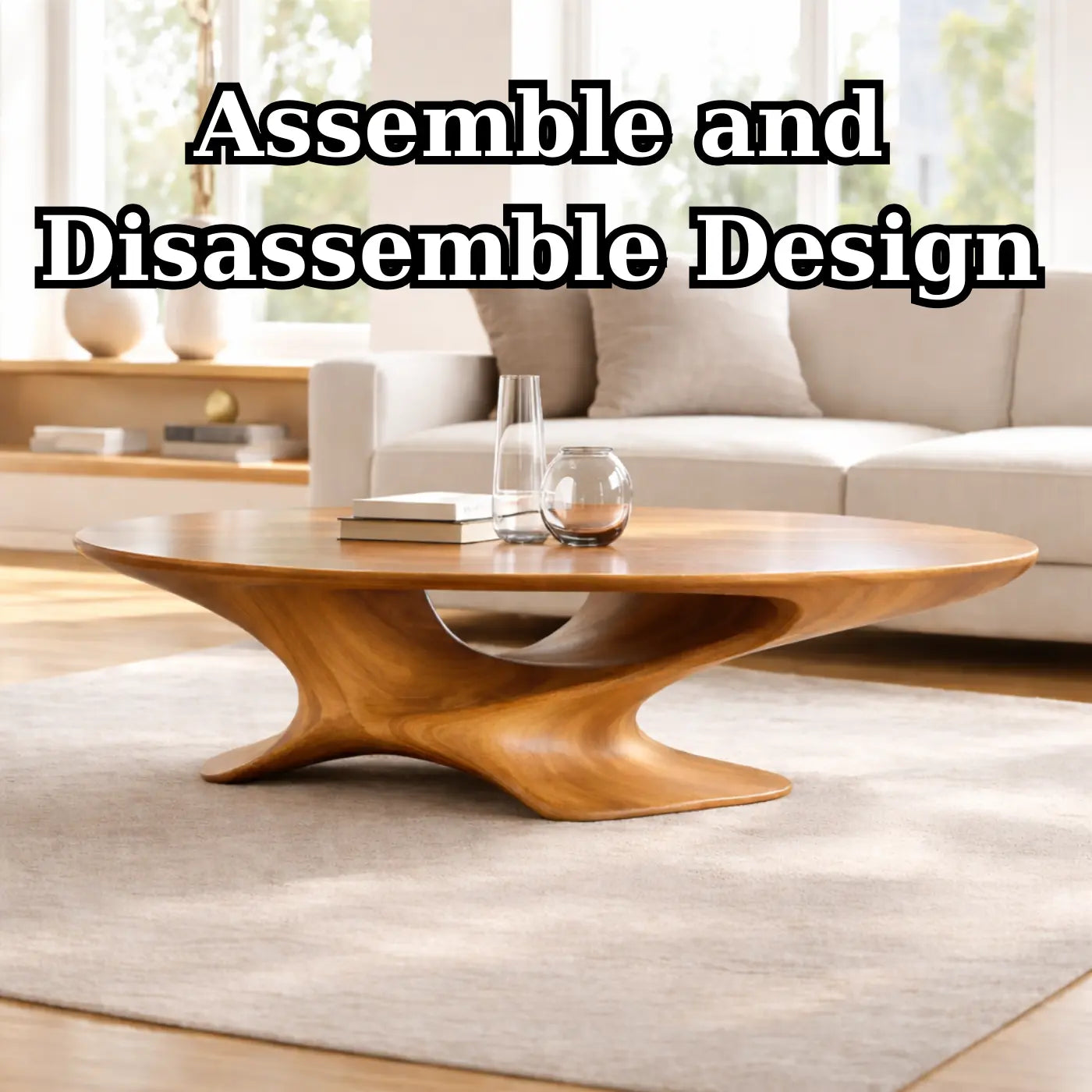 Modern Solid Wood Coffee Table with Sculptural Base and Round Wooden Living Room Table Kitchnce