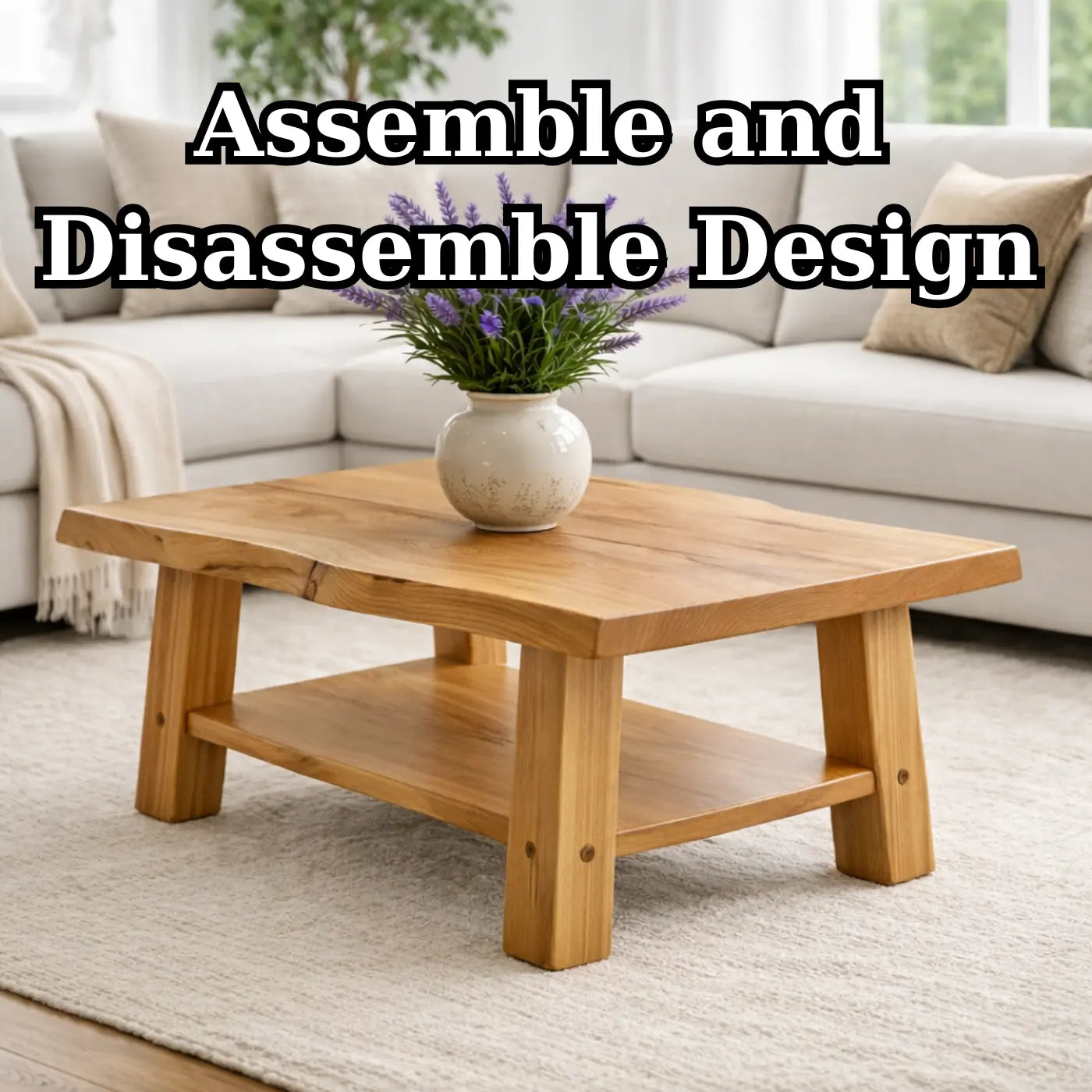Solid Wood Coffee Table with Storage Shelf Rustic Wooden Living Room Table Kitchnce