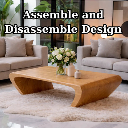 Modern Solid Wood Coffee Table with Sculptural Curved Base Minimalist Living Room Table Kitchnce