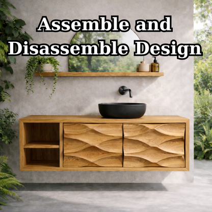 Floating Solid Wood Bathroom Vanity with Carved Double Doors and Open Shelf