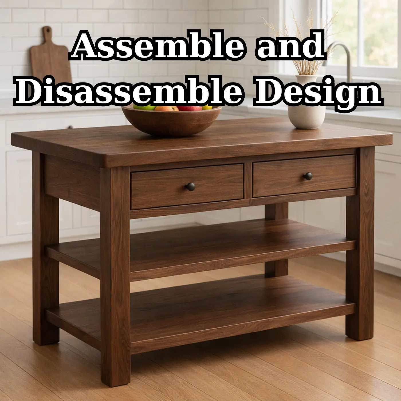 Solid Walnut Kitchen Island Table with Drawers and Shelves, Wooden Kitchen Prep Station Kitchnce