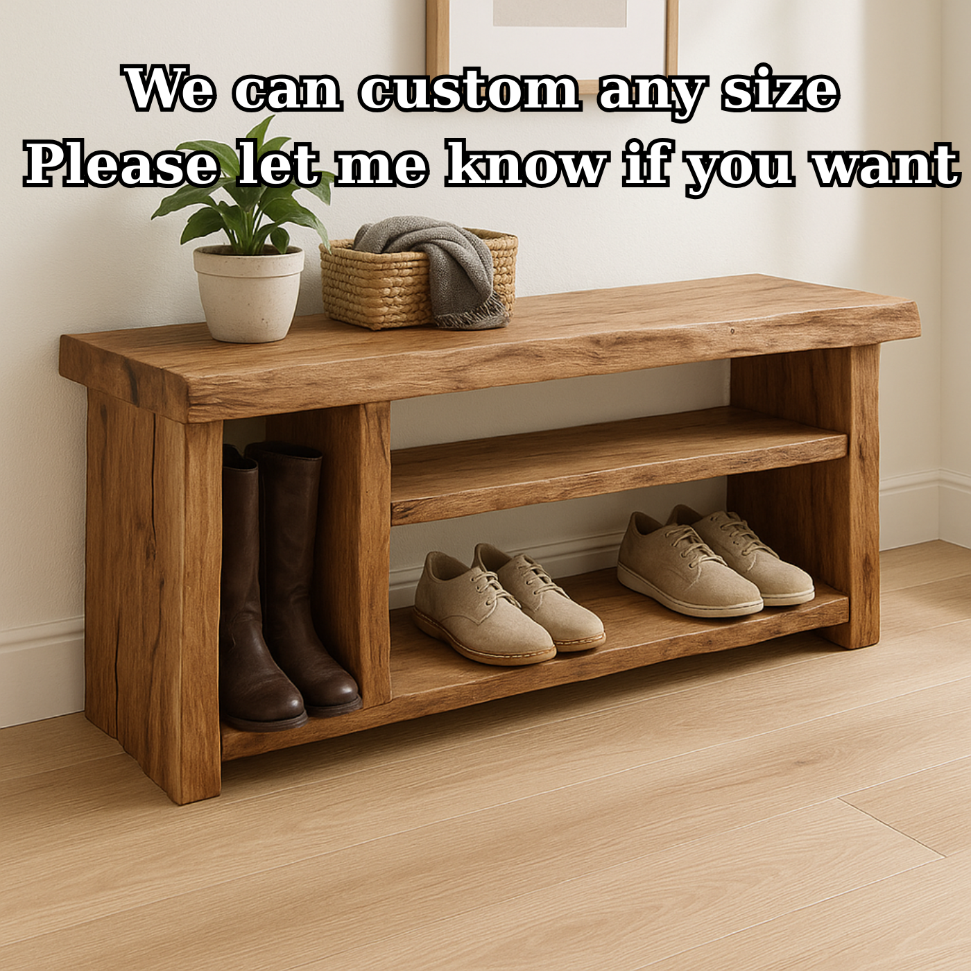 Handcrafted Solid Wood Bench – Natural Rustic Seating and Multi-Tier Storage Kitchnce